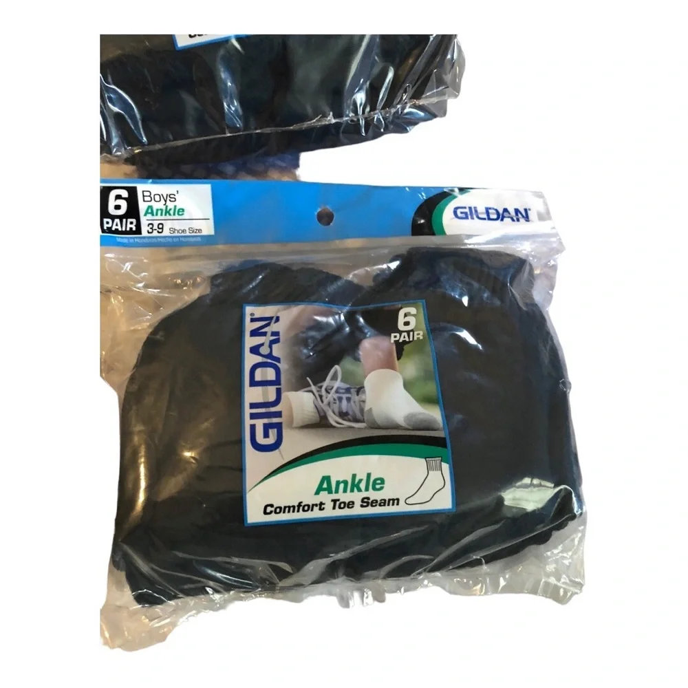 12pairs Gildan Boys’ comfort toe seam black ankle socks, fits shoe size 3-9. new